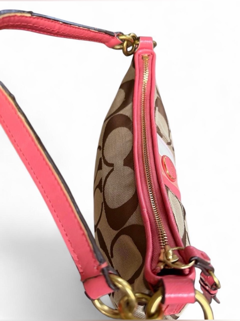 Coach Beige Signature Canvas Shoulder Bag with Pink Stripes - Picture 10 of 15